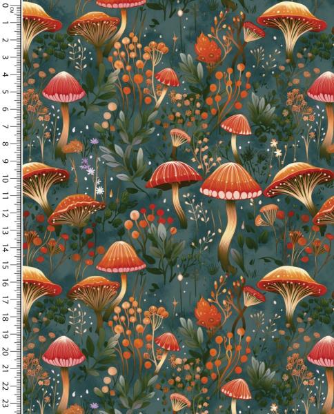 French Terry / Sommersweat Herbst Pilze auf petrol