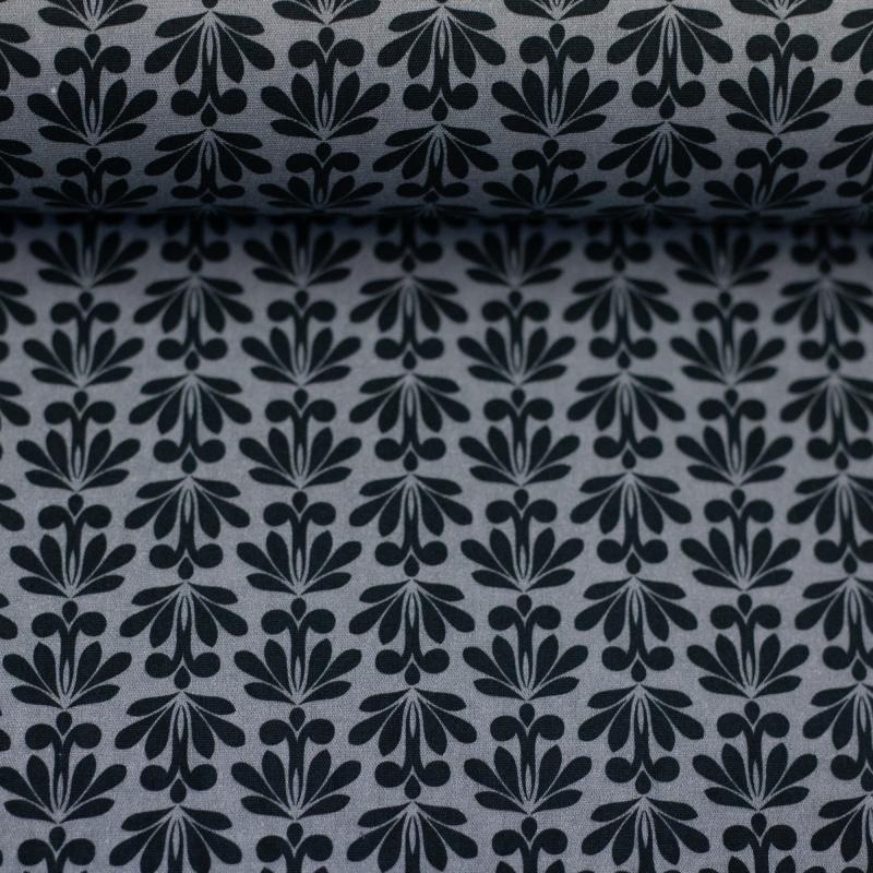 Popeline / Webware Ornamental Flowers dunkelgrau schwarz