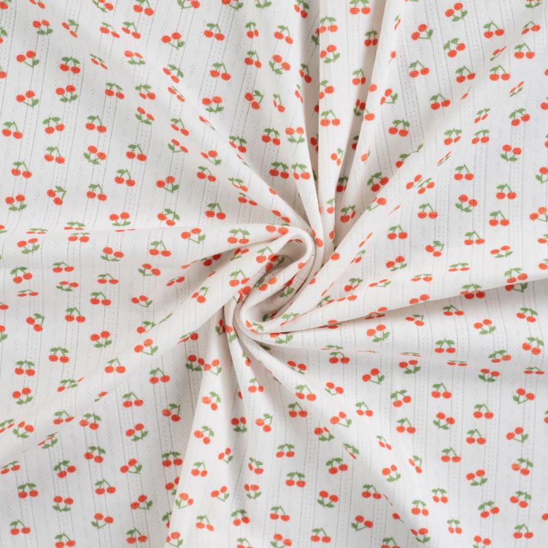 Jersey Ajour (Lochstickerei) cremeweiß mit Kirschen